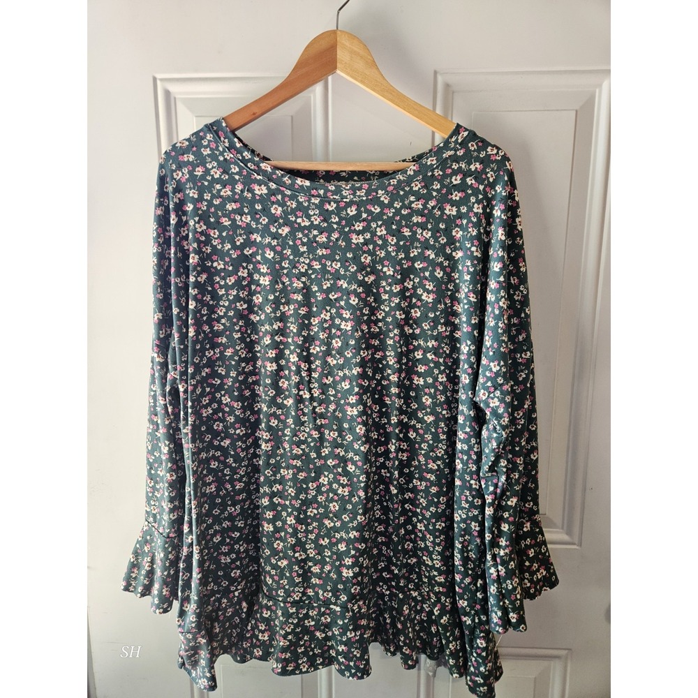 Celeste‎ Women's 1X Floral Peplum Blouse Green Pink Bell Sleeve Keyhole Back